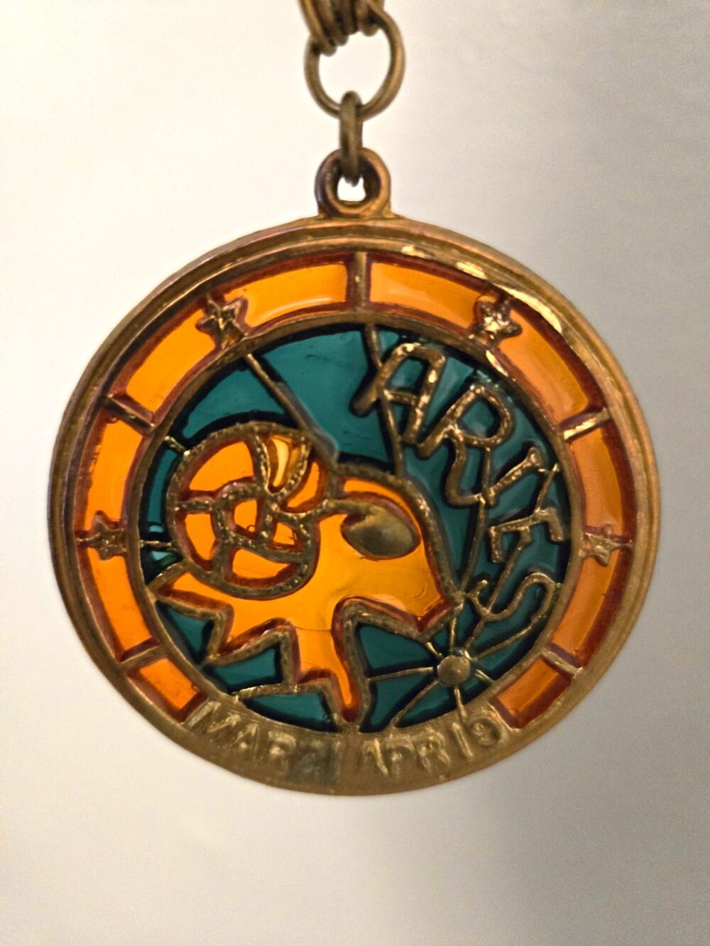 Vintage Lisner Aries Zodiac Pendant Necklace Stained Glass Enamel Ram Gold Tone